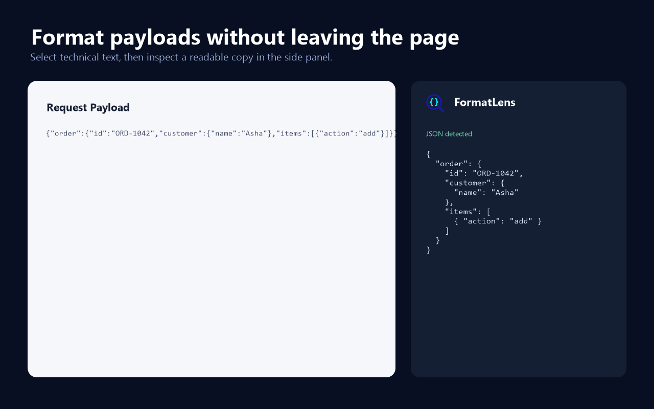 FormatLens showing a formatted request payload beside its source webpage