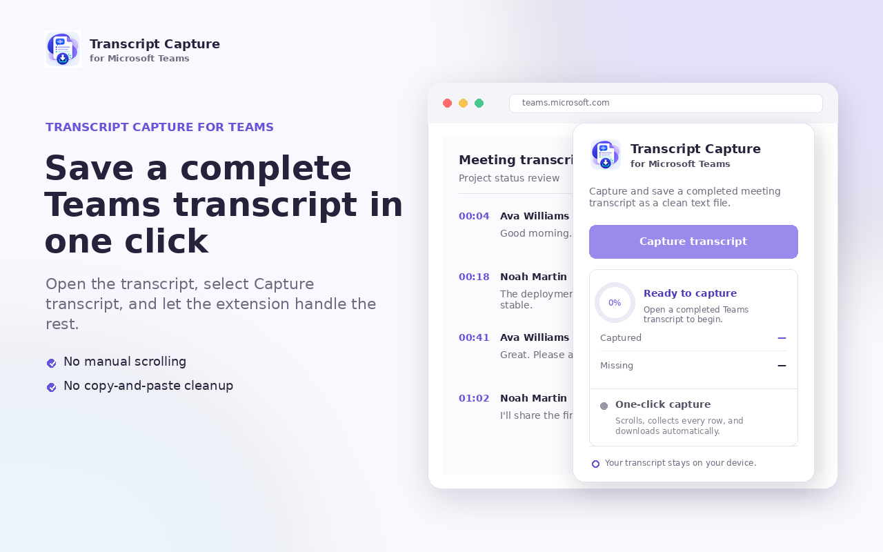 Transcript Capture for Teams capturing a Microsoft Teams meeting transcript in the browser