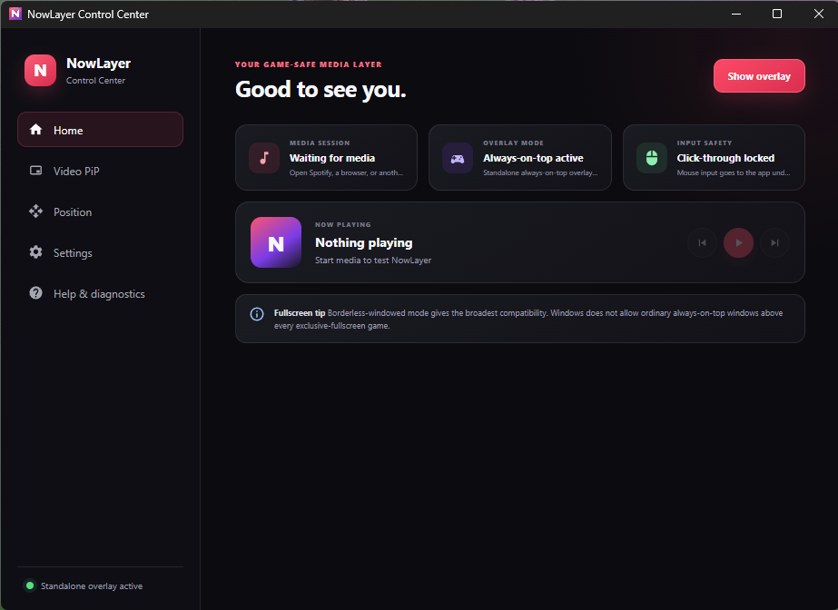NowLayer media Control Center with playback and overlay settings