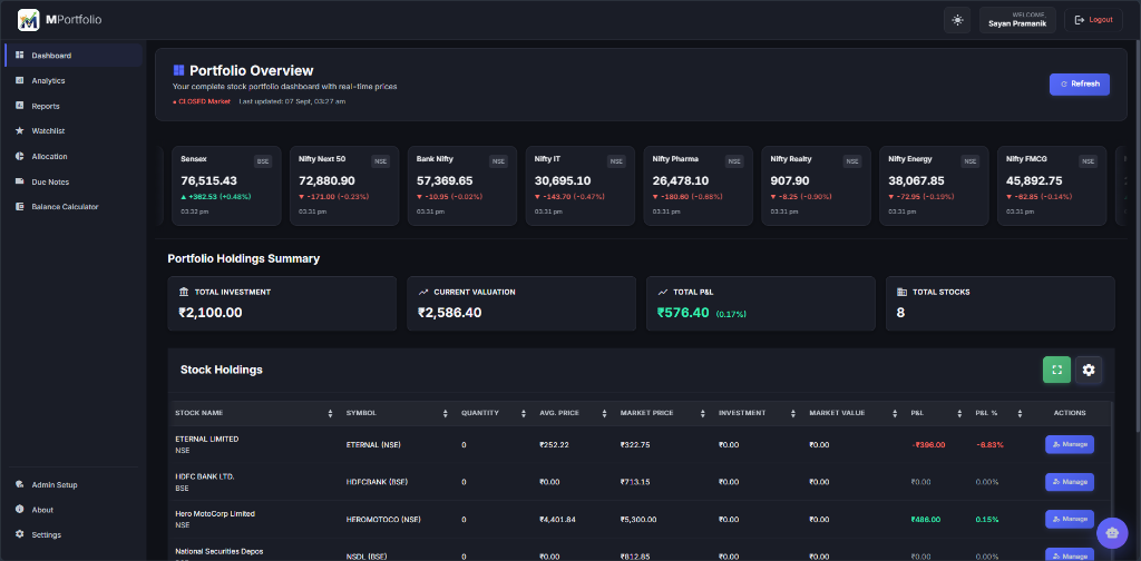 MPortfolio - Stock Portfolio Dashboard Overview